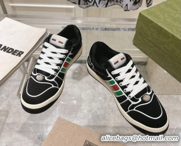 Good Looking Gucci Screener Trainer Sneakers in Black Suede with Leather Padded Web 119117