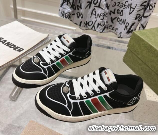 Good Looking Gucci Screener Trainer Sneakers in Black Suede with Leather Padded Web 119117