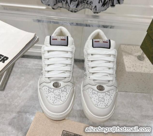 Popular Style Gucci Screener Trainer Sneakers in GG Canvas and Leather with Web and Strass White 1119118