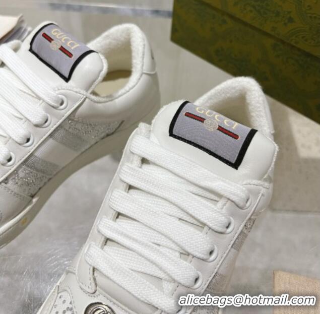 Popular Style Gucci Screener Trainer Sneakers in GG Canvas and Leather with Web and Strass White 1119118