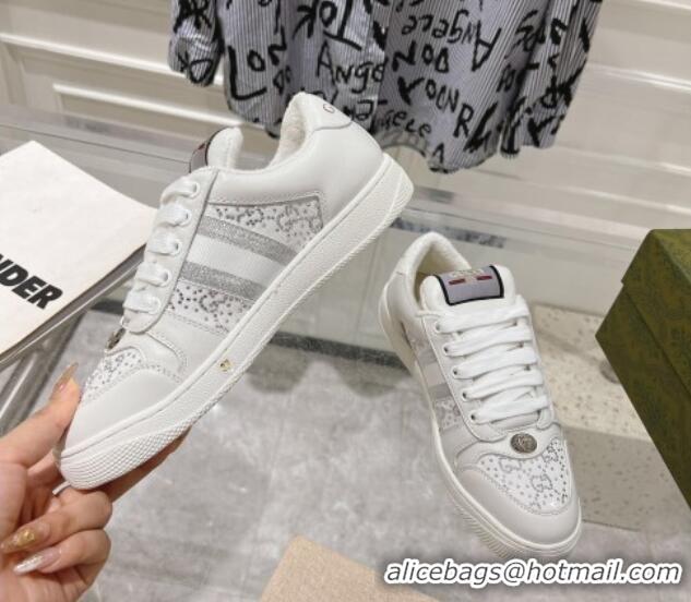 Popular Style Gucci Screener Trainer Sneakers in GG Canvas and Leather with Web and Strass White 1119118