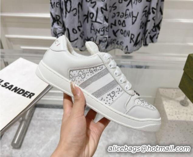 Popular Style Gucci Screener Trainer Sneakers in GG Canvas and Leather with Web and Strass White 1119118