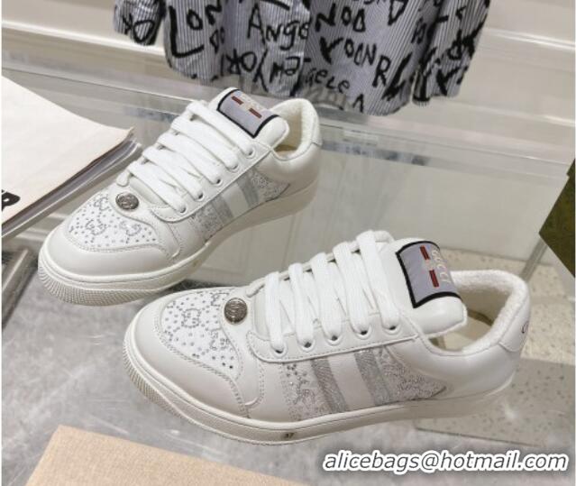 Popular Style Gucci Screener Trainer Sneakers in GG Canvas and Leather with Web and Strass White 1119118