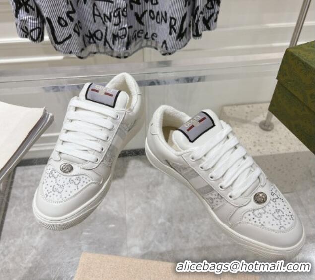 Popular Style Gucci Screener Trainer Sneakers in GG Canvas and Leather with Web and Strass White 1119118