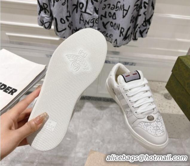 Popular Style Gucci Screener Trainer Sneakers in GG Canvas and Leather with Web and Strass White 1119118