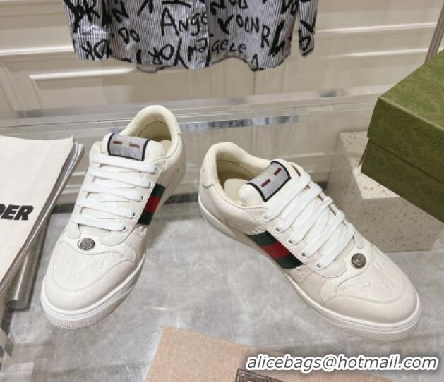 Good Quality Gucci Screener Trainer Sneakers in White GG Leather with Web 1119121