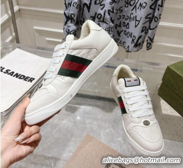 Good Quality Gucci Screener Trainer Sneakers in White GG Leather with Web 1119121