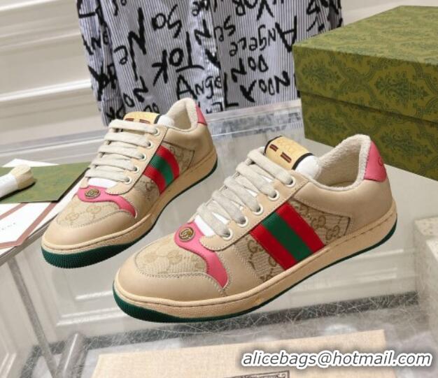 Perfect Gucci Vintage Screener Trainer Sneakers in GG Canvas and Leather with Web Pink 1119125