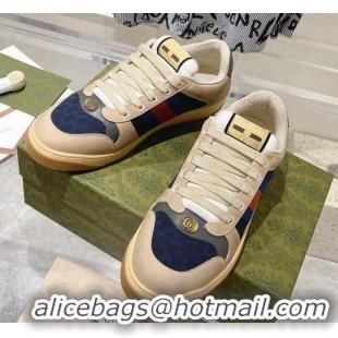 Low Price Gucci Vintage Screener Trainer Sneakers in GG Canvas and Leather with Web Blue 1119126