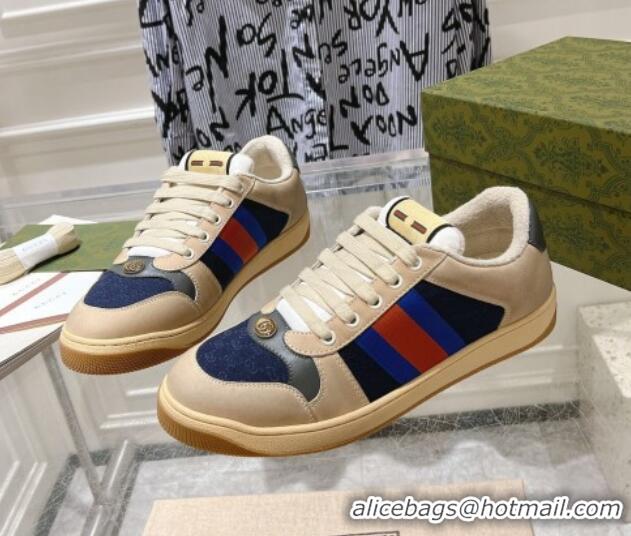 Low Price Gucci Vintage Screener Trainer Sneakers in GG Canvas and Leather with Web Blue 1119126