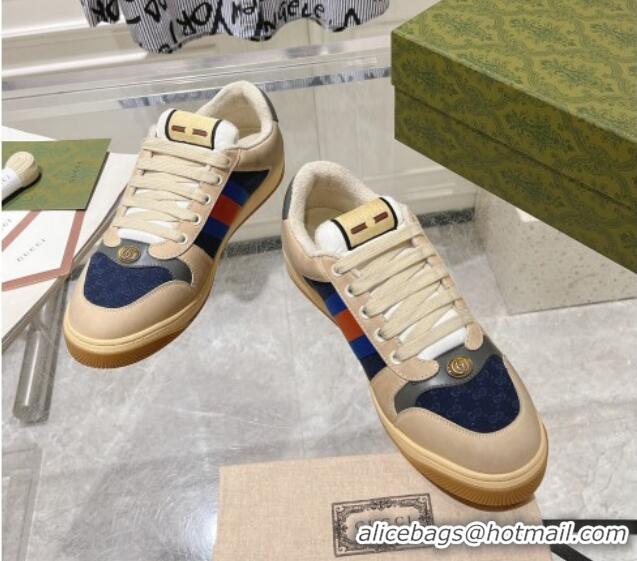 Low Price Gucci Vintage Screener Trainer Sneakers in GG Canvas and Leather with Web Blue 1119126