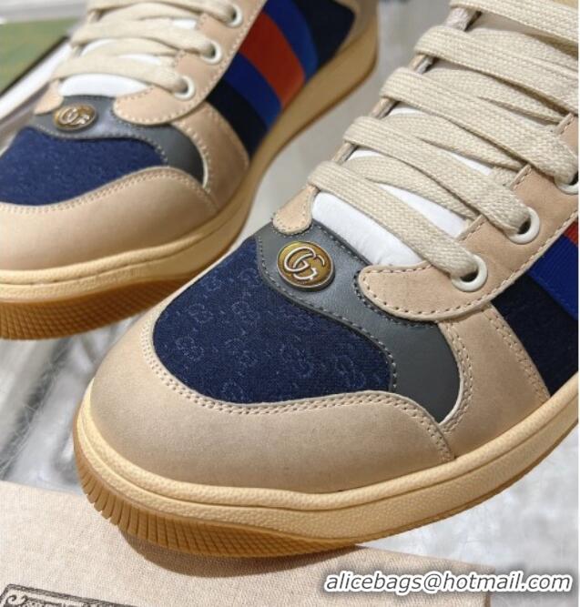 Low Price Gucci Vintage Screener Trainer Sneakers in GG Canvas and Leather with Web Blue 1119126