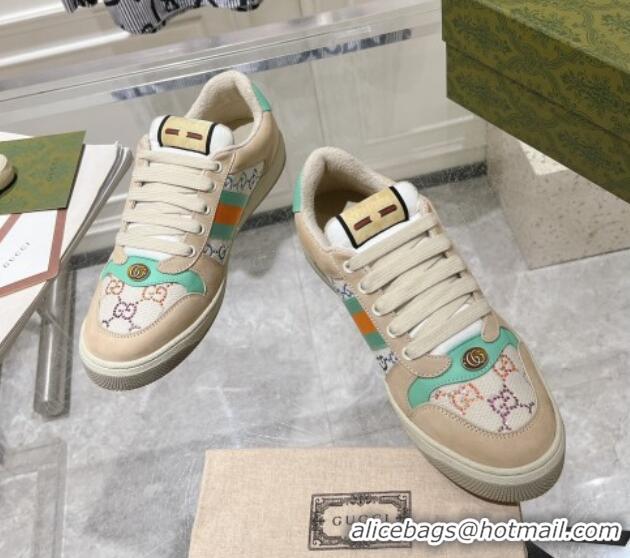 Shop Duplicate Gucci Women's Screener Trainer Sneakers in Beige Fabric with Web and Strass Light Green 1119127