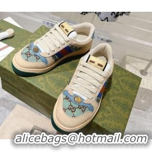 Top Design Gucci Women's Screener Trainer Sneakers in Beige Fabric with Web and Strass Blue/Green 1119128