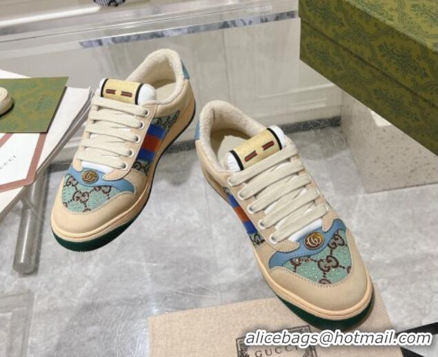 Top Design Gucci Women's Screener Trainer Sneakers in Beige Fabric with Web and Strass Blue/Green 1119128