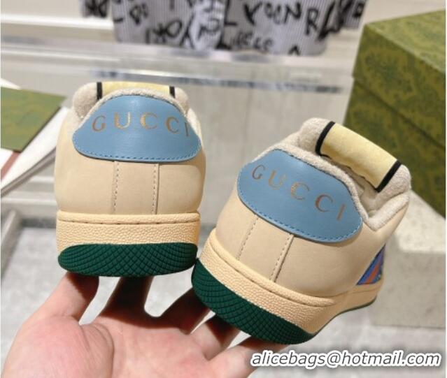 Top Design Gucci Women's Screener Trainer Sneakers in Beige Fabric with Web and Strass Blue/Green 1119128