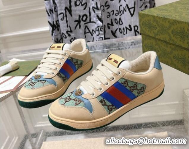 Top Design Gucci Women's Screener Trainer Sneakers in Beige Fabric with Web and Strass Blue/Green 1119128