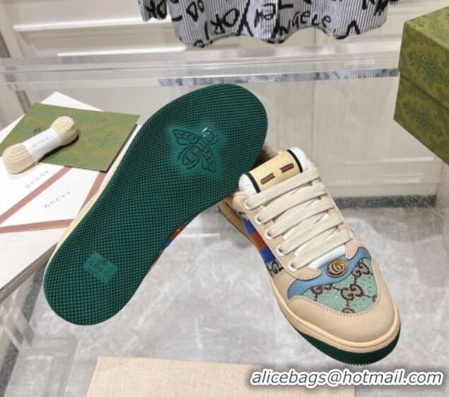 Top Design Gucci Women's Screener Trainer Sneakers in Beige Fabric with Web and Strass Blue/Green 1119128