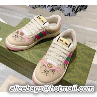 Best Product Gucci Women's Screener Trainer Sneakers in Beige Fabric with Web and Strass Pink 1119129