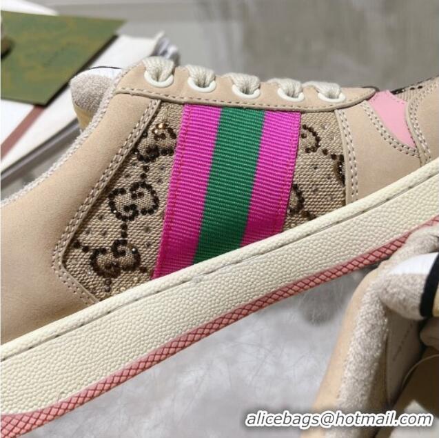 Best Product Gucci Women's Screener Trainer Sneakers in Beige Fabric with Web and Strass Pink 1119129