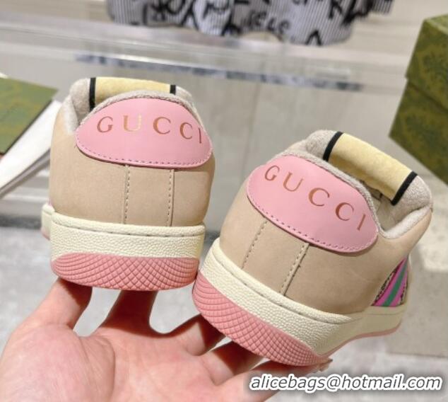 Best Product Gucci Women's Screener Trainer Sneakers in Beige Fabric with Web and Strass Pink 1119129