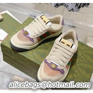 Luxury Cheap Gucci Screener Trainer Sneakers in Beige Suede and Fabric with Web Purple 1119130