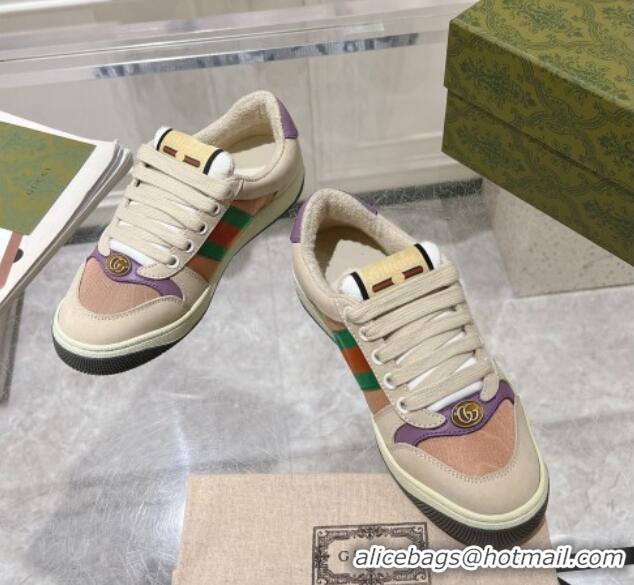 Luxury Cheap Gucci Screener Trainer Sneakers in Beige Suede and Fabric with Web Purple 1119130