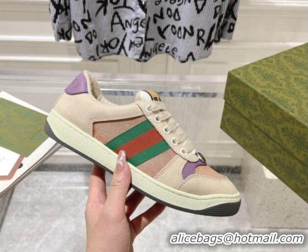 Luxury Cheap Gucci Screener Trainer Sneakers in Beige Suede and Fabric with Web Purple 1119130