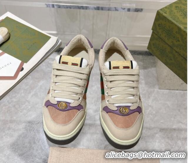 Luxury Cheap Gucci Screener Trainer Sneakers in Beige Suede and Fabric with Web Purple 1119130