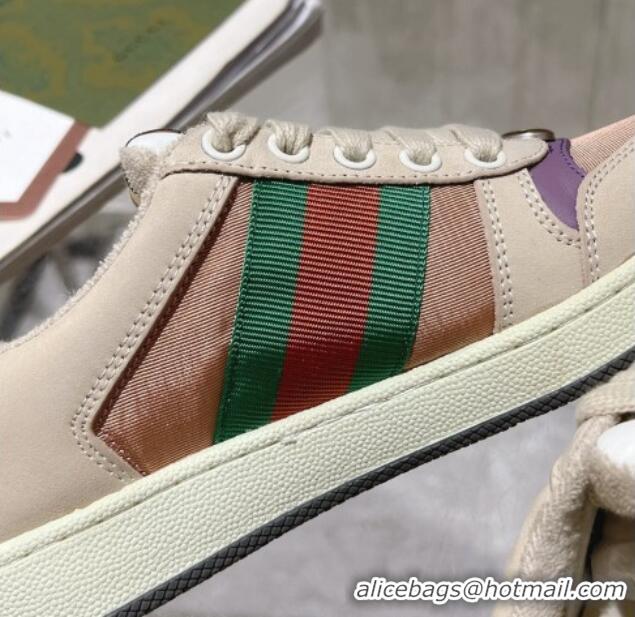 Luxury Cheap Gucci Screener Trainer Sneakers in Beige Suede and Fabric with Web Purple 1119130