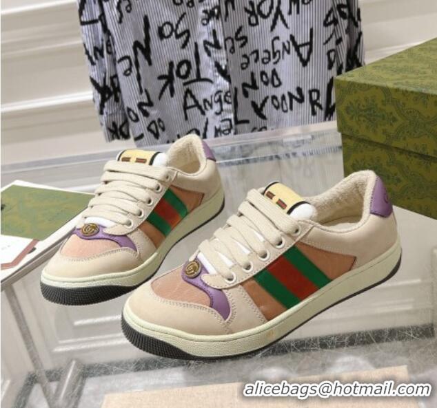 Luxury Cheap Gucci Screener Trainer Sneakers in Beige Suede and Fabric with Web Purple 1119130