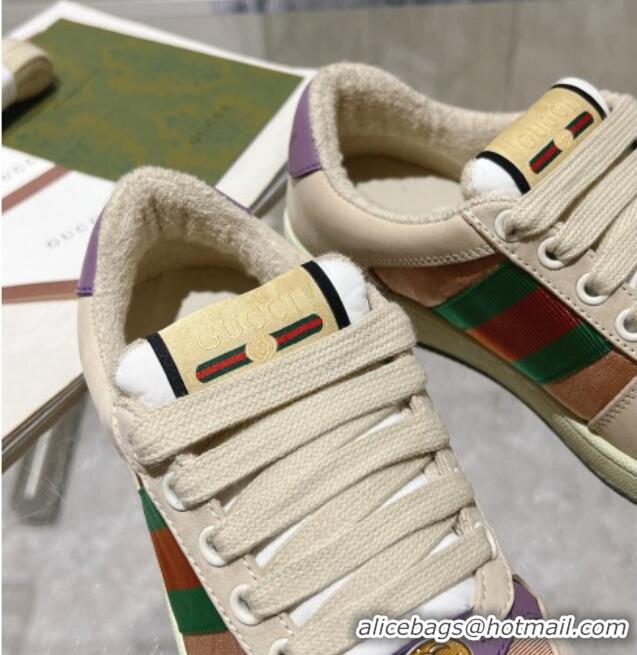 Luxury Cheap Gucci Screener Trainer Sneakers in Beige Suede and Fabric with Web Purple 1119130