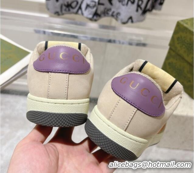 Luxury Cheap Gucci Screener Trainer Sneakers in Beige Suede and Fabric with Web Purple 1119130