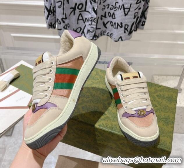 Luxury Cheap Gucci Screener Trainer Sneakers in Beige Suede and Fabric with Web Purple 1119130