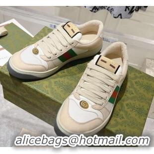 Unique Style Gucci Screener Trainer Sneakers in Beige Suede and Fabric with Web White 1119131