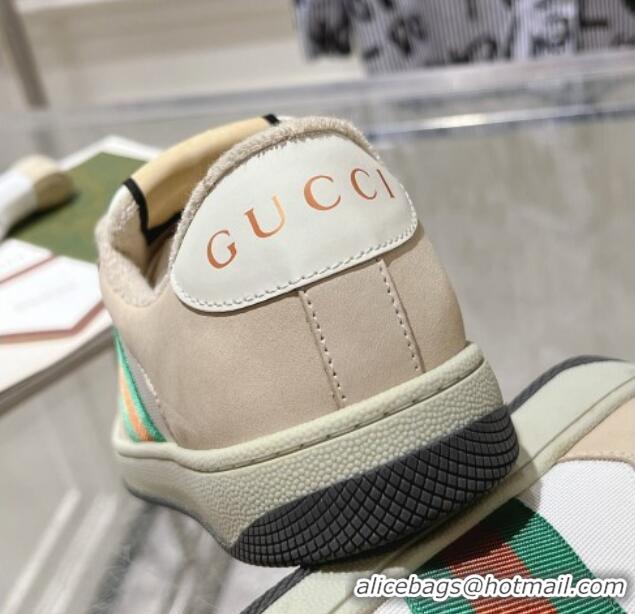 Unique Style Gucci Screener Trainer Sneakers in Beige Suede and Fabric with Web White 1119131