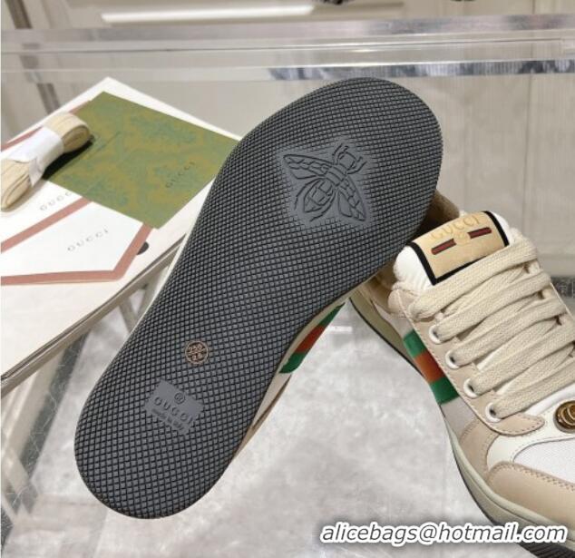 Unique Style Gucci Screener Trainer Sneakers in Beige Suede and Fabric with Web White 1119131