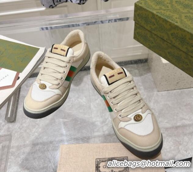 Unique Style Gucci Screener Trainer Sneakers in Beige Suede and Fabric with Web White 1119131