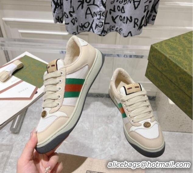 Unique Style Gucci Screener Trainer Sneakers in Beige Suede and Fabric with Web White 1119131