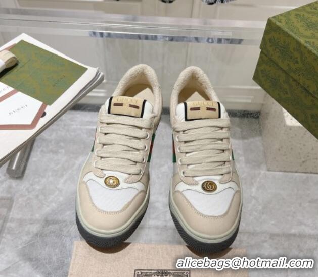 Unique Style Gucci Screener Trainer Sneakers in Beige Suede and Fabric with Web White 1119131