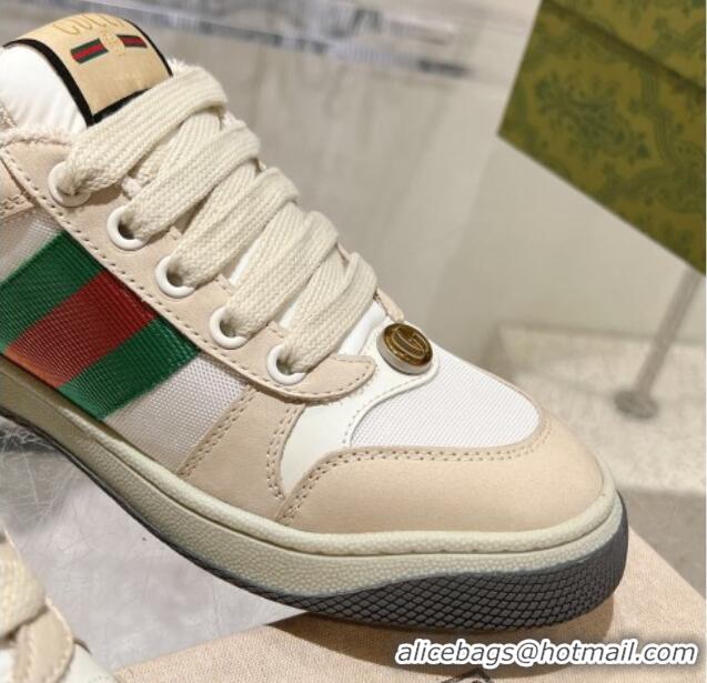 Unique Style Gucci Screener Trainer Sneakers in Beige Suede and Fabric with Web White 1119131