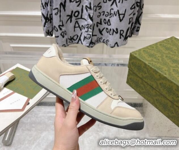 Unique Style Gucci Screener Trainer Sneakers in Beige Suede and Fabric with Web White 1119131