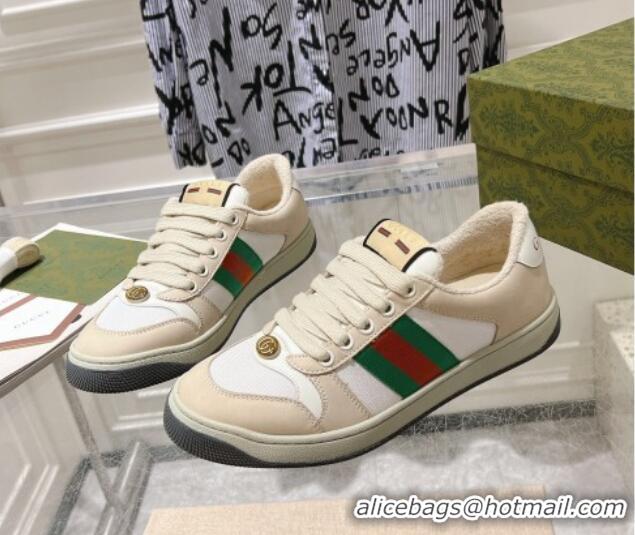 Unique Style Gucci Screener Trainer Sneakers in Beige Suede and Fabric with Web White 1119131