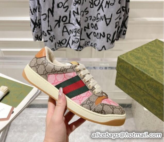 Good Looking Gucci Screener Trainer Sneakers in GG Canvas with Web Beige/Pink 1119133