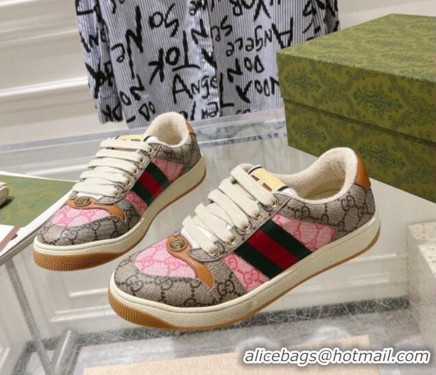 Good Looking Gucci Screener Trainer Sneakers in GG Canvas with Web Beige/Pink 1119133