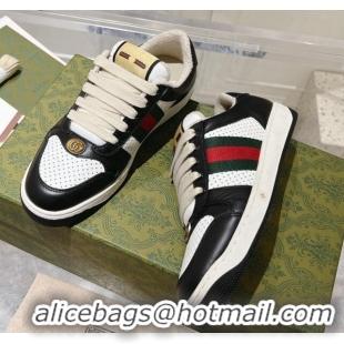 Grade Quality Gucci Screener Trainer Sneakers in Perforated Leather with Web Black/White 1119137