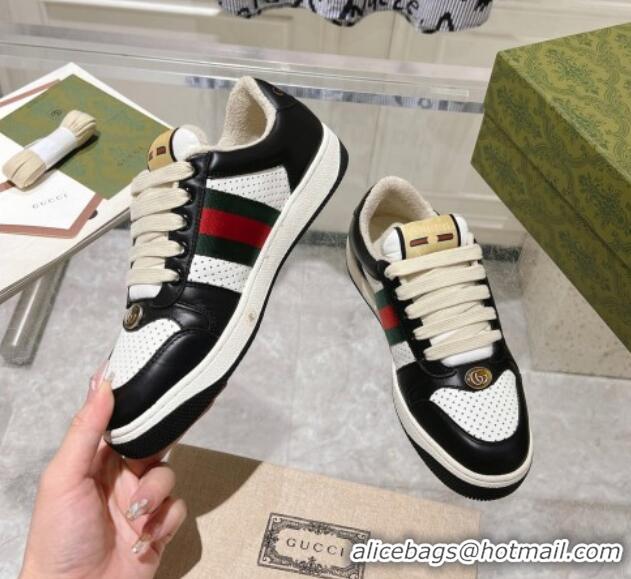 Grade Quality Gucci Screener Trainer Sneakers in Perforated Leather with Web Black/White 1119137