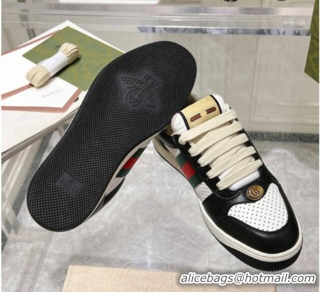 Grade Quality Gucci Screener Trainer Sneakers in Perforated Leather with Web Black/White 1119137