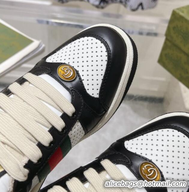 Grade Quality Gucci Screener Trainer Sneakers in Perforated Leather with Web Black/White 1119137