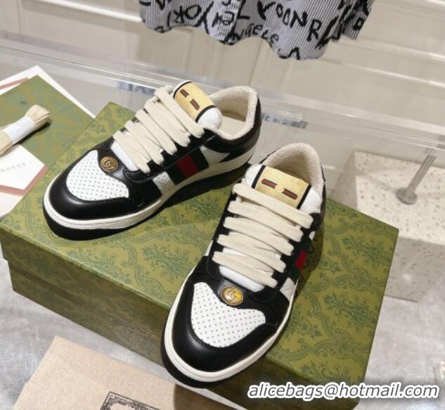 Grade Quality Gucci Screener Trainer Sneakers in Perforated Leather with Web Black/White 1119137